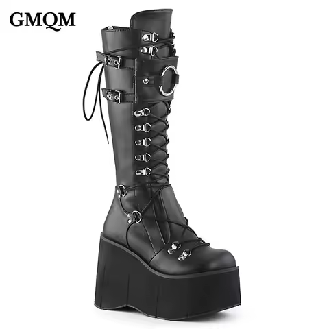 GMQM Fashion Platform Women‘s The Knee Boots Thick Sole Motorcycle Boots Gothic Punk Style Knee High