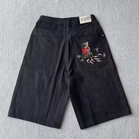 2026 Summer Derchutze Denim Jorts Koi Embroidery Baggy Wide Leg Jeans Vintage Streetwear Y2K Shorts