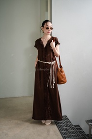 พร้อมส่ง เดรสแขนกุดผ้าลินินแต่งระบายพู่ๆ + เชือกสาน vshopbrand