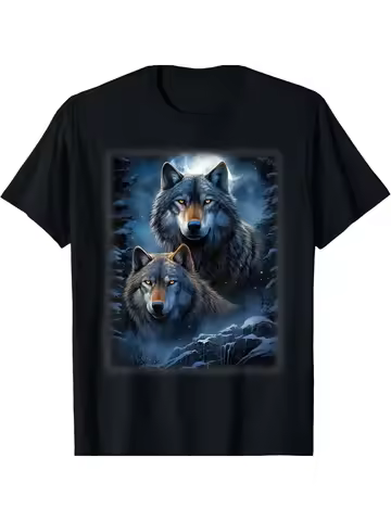 Two Wolves In Moonlit Forest Scene Men and women's short-sleeve T-shirt black round neck