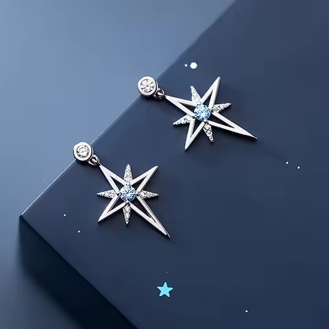 Real 925 Sterling Silver Fashion Charm Star Blue CZ Stud Earrings For Women Wedding Party Fine Jewel