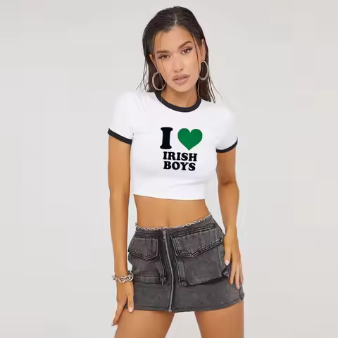 I Love Irish Boys Hip Hop Graphic Women Cropped Tops Harajuku Kawaii Clothes 2000s Y2k Baby Tee Fash