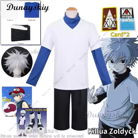 Killua Zoldyck Cosplay Costume Hunter T shirt Full Set Wig Halloween Woman Man Shoes Card Cap Daily 