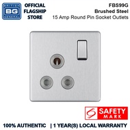 British General (FBS99G) Flatplate Screwless, 15 Amp Round Pin And Export Socket Outlets, Brushed St