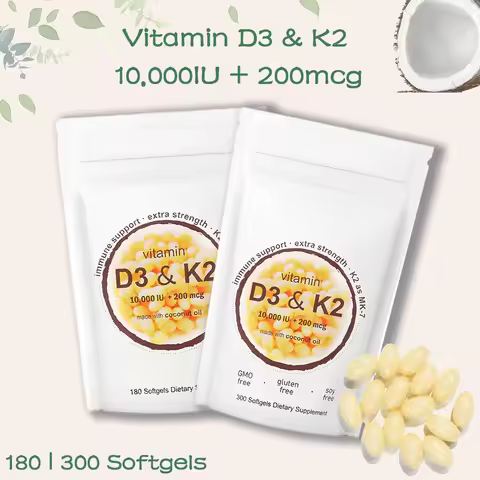 Vitamin D3 10,000iu + K2 MK7 200mcg Softgels | 2-in-1 Complex with Coconut Oil | Supports Heart, Bon