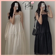 Long two-strap dress - 2-layer 2-color shoulder-tied silk chiffon dress (black, beige)