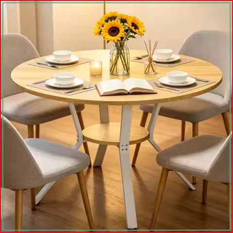 43 Inch Round Dining Table for 2-4 with Storage Shelf, Oak Kitchen Table