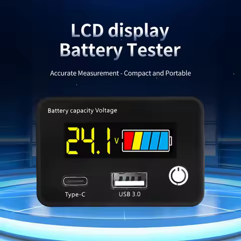 DC8-30V 6-in-1 Digital Voltmeter Power Indicator USB3.0+Tpye-C Output Battery Level Tester Low Volta