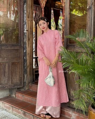 Áo dài voan tơ BỘI SAM thêu vân hoạ tiết hoa hồng kèm quần dài satin HAVANA AD113