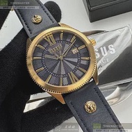 VERSUS VERSACE凡賽斯精品錶,編號：VV00381,44mm圓形金色精鋼錶殼黑色幾何立體圖形錶盤真皮皮革寶藍錶帶