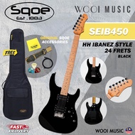 SQOE SEIB450-BK Ibanez Style HH 24-Fret Electric Guitar with Roasted Maple Neck & Bag - Black (SEIB4