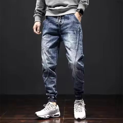 Autumn Jeans Elastic Waistband Mens Baggy Jeans Harun Pants Workwear Retro Men's Skinny Jeans Tapere