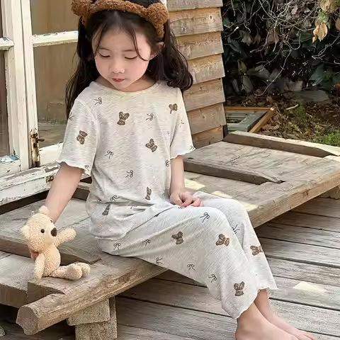 Girls Summer Ice Silk Pajamas Set Short Sleeve Long Pants Sweet Cute Baby Loungewear for Air Conditi
