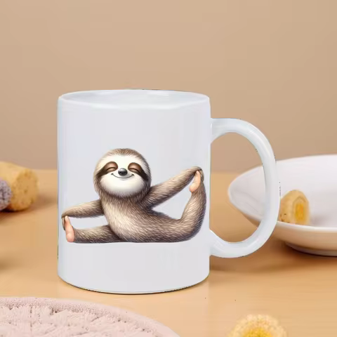 Cute Sloth Yoga Pose Ceramic Mug - White Relaxing Coffee Cup with Adorable Animal Illustration, Hand