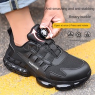 Ready Stock Flying Woven Safety Shoes Breathable Steel Toe Shoes Button Safety Shoes Anti-slip Protective Shoes Protective Work Shoes Steel Toe Men's Casual Shoes Lace-free Sports