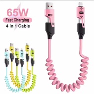 PD 65W 1.5M Type C 4-in-1 Extension Multi Charger Data Cable Spring Alloy Super Fast Charging Type C