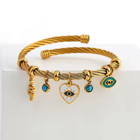 Enamel Snake Heart Evil Eye Stainless Steel Bangle Bracelets for Women Charm Gold Plated Waterproof 
