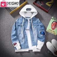 Yushu Denim Jacket Mens Hooded Slim Fit Casual Streetwear Jean Jackets Long Sleeve Trendy Outerwear Jacket Coat for Men