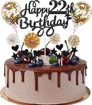 Cnrose Cake Decoration Man Women 22nd Birthday Hello 22 Cake Topper Black Gold with Heart Star Ballo