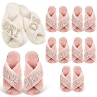 7 Pairs Bride Slippers and Bridesmaid Slippers Set Fuzzy White Pink Bridal Slippers Pearl Letter Ope