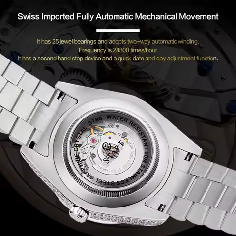 【START】Men's Watch Swiss Automatic Mechanical Movement Diamond Watch Waterproof Date Week Function G