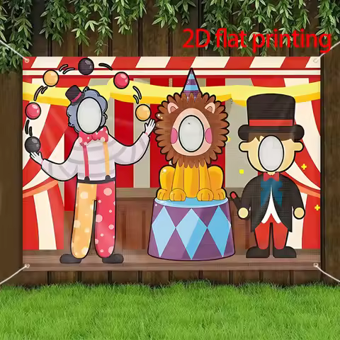 2D plan, 1 party banner, circus themed photo booth, equipped with clown acrobatics, lion statues, an