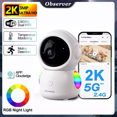2K 3MP Baby Monitor 2.4G/5G Wireless WIFI Camera Auto Tracking Babyphone RGB Night Light Temperature
