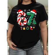 Plus Size, Women's Funny 67 Meme Number Joke T-Shirt - Six Seven Print Casual Short Sleeve Round Nec