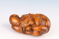 Japanese boxwood hand carved fox Figure statue netsuke collectable gift