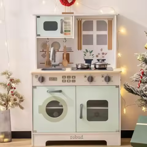 Robotime Robud Play Kitchen Wooden Play Kitchen Set Pretend Playset w/ Lights & Sounds Gift for Girl