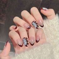Wine Red French Fake Nails Carved Manicure Wine Red Almond Nails Gentle Temperament Hand-Weared Nail
