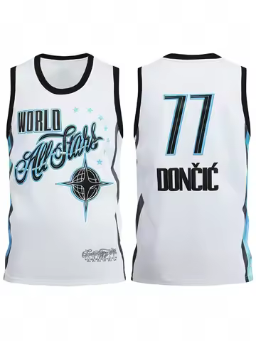 2026 Hot Sale Retro "WORLD All Stars" Embroidered Basketball Jersey with #77 Doncic Name and Number 