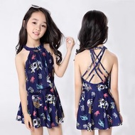 內地直送 - 大象女童泳衣大中小童韩国儿童泳衣女孩连体裙式平角温泉泳衣-藏蓝 M（建议25-33斤）