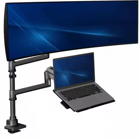 Ultrawide monitor desk mount for pneumatic arm use black aluminum alloy supports up to 49-inch scree