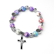 Well Benedict Crucifix Bracelet Christian Classic Bead Bangle with Colorful Crystal