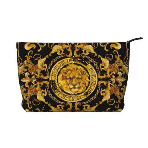 Golden Lion Baroque Print Cosmetic Bag Women Large Capacity Makeup Bag Organizer Case Beauty Storage