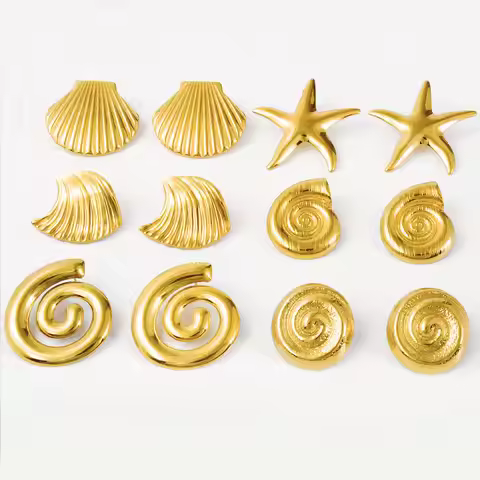 Real Gold Plated Ocean Animal Sea Star Conch Shell Metal Spiral Stainless Steel Ear Studs Earring Fo