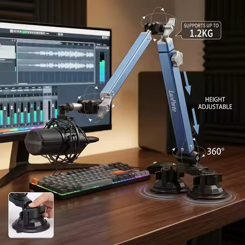 Lanparte Microphone Boom Arm,Mic Stand Desk Double suction cup base with 3/8 & 5/8 Thread,Mic Arm fo