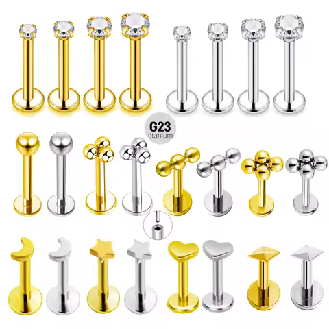 ASTM F136 G23 Titanium Push In Threadless Hexagon Labret Flat Back Earring Stud