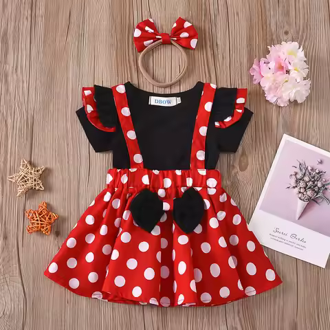 3PCS Toddler Mickey Mouse Girls Cosutme First Birthday Mickey Outfit Set Ruffle Sleeve Top Polka Sus