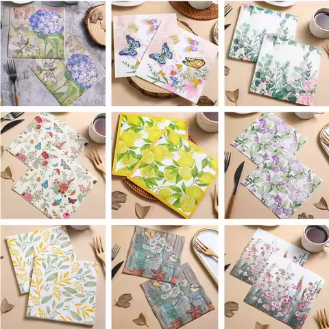 20Pcs/pack 33x33cm Vintage Flower Printed Craft Paper Disposable Table Dinner Napkin Wedding Party D