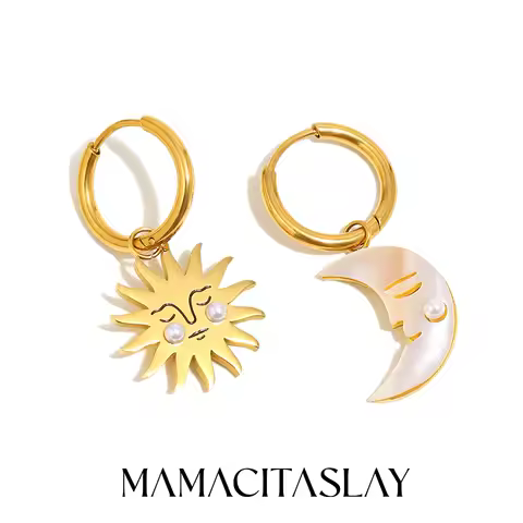 MamacitaSlay Creative 316L Stainless Steel Shell Pearl Sun Moon Earrings Waterproof Jewelry Women's 