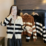 Striped Cardigan Polo Neck Zippered Women's Autumn New Loose Cardigan