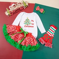 [0-2Year Old] Baby Christmas Clothes Set Children's Christmas Skirt + Romper + Socks + Headband