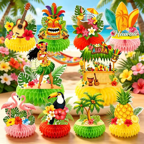 10 ALOHA party decorations, Hawaiian flamingo honeycomb ornaments, holiday desktop decorations, hone