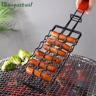 AUGUSTUS Hot Dogs Grilling Basket, Folding Iron Wire BBQ Sausage Rack, Sturdy Flexible Clamp with Wood Handle Non Stick BBQ Mesh Clip Holder Steak Chops