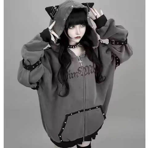 Darkly Series Subculture Rivet Cat's Ears Hoodie Sweet Girl Long Sleeved Retro Gothic Style Clothes 