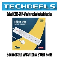 Daiyo DE298-2M 4-Way Surge Protector Extension Socket Strip w/Switch &amp; 3*USB Ports