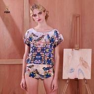 PEDZ White Bird&Zinnia Crop Tops เสื้อครอปผ้าไหมซาตินพิมพ์ลายนกและดอกซินเนี่ย