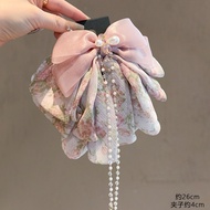 2025 Summer Sweet Bow Back-of-Head Half-Up Hair Claw Elegant Tassel Bun Shark Clip Blue White Floral